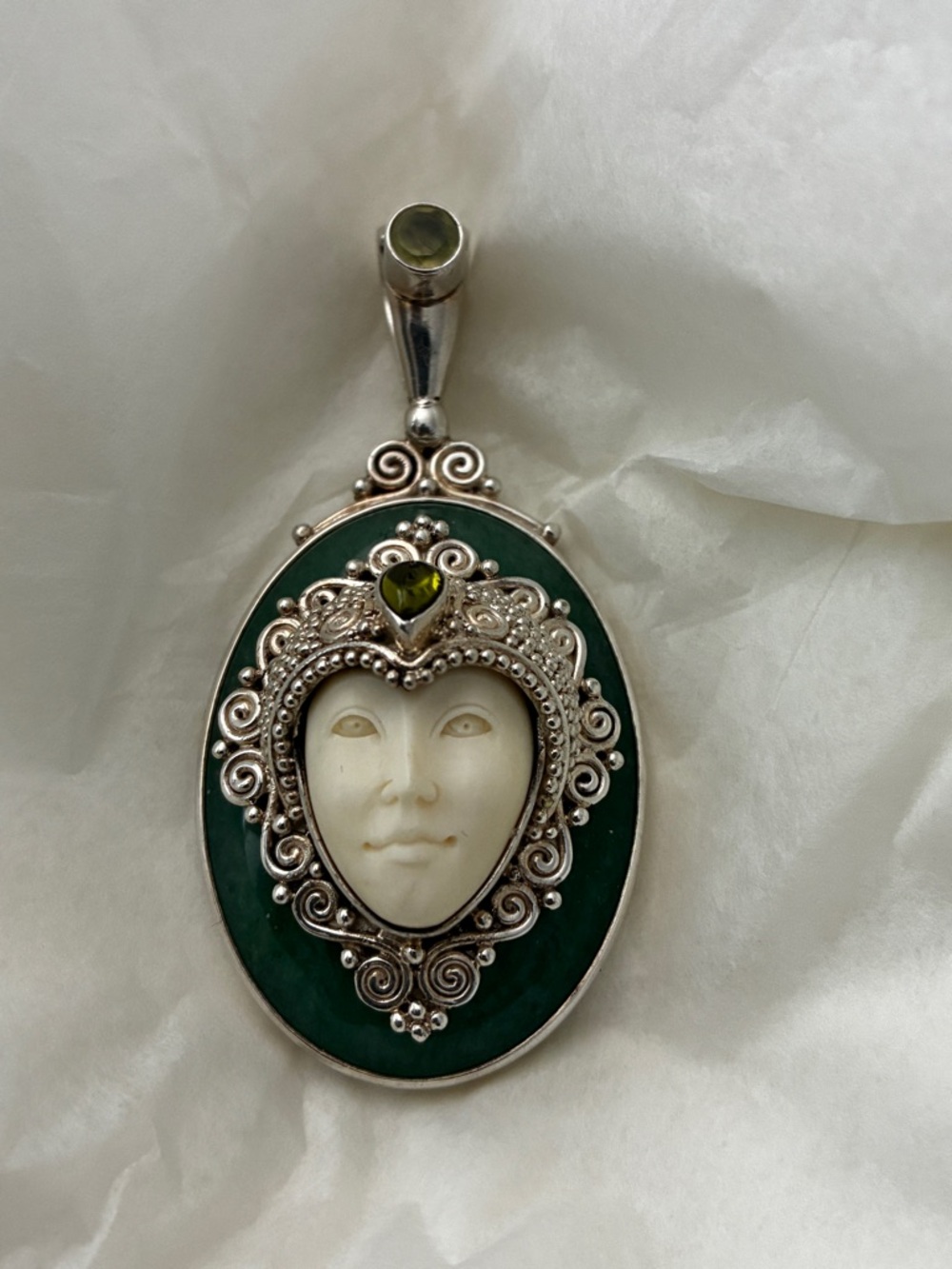 Sajen Sterling Silver filigree cream carved goddess face pendant